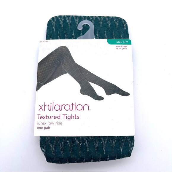Xhilaration Dark Green & Silver Lurex Low Rise Textured Tights - S/M - Picture 1 of 6